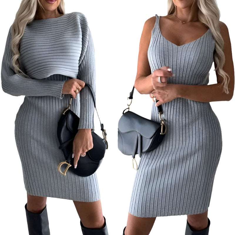 Solid Stripe Long-sleeved Top And Skirt 2pcs