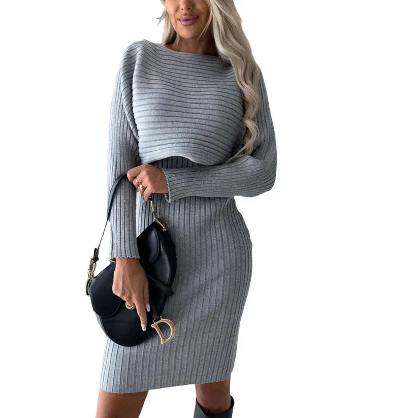 Solid Stripe Long-sleeved Top And Skirt 2pcs